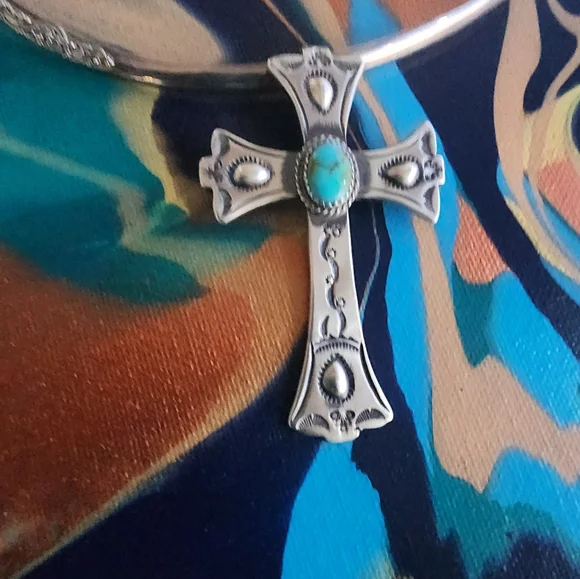 STERLING ilver Cross Pendant with Turquoise Stone - Picture 3 of 11